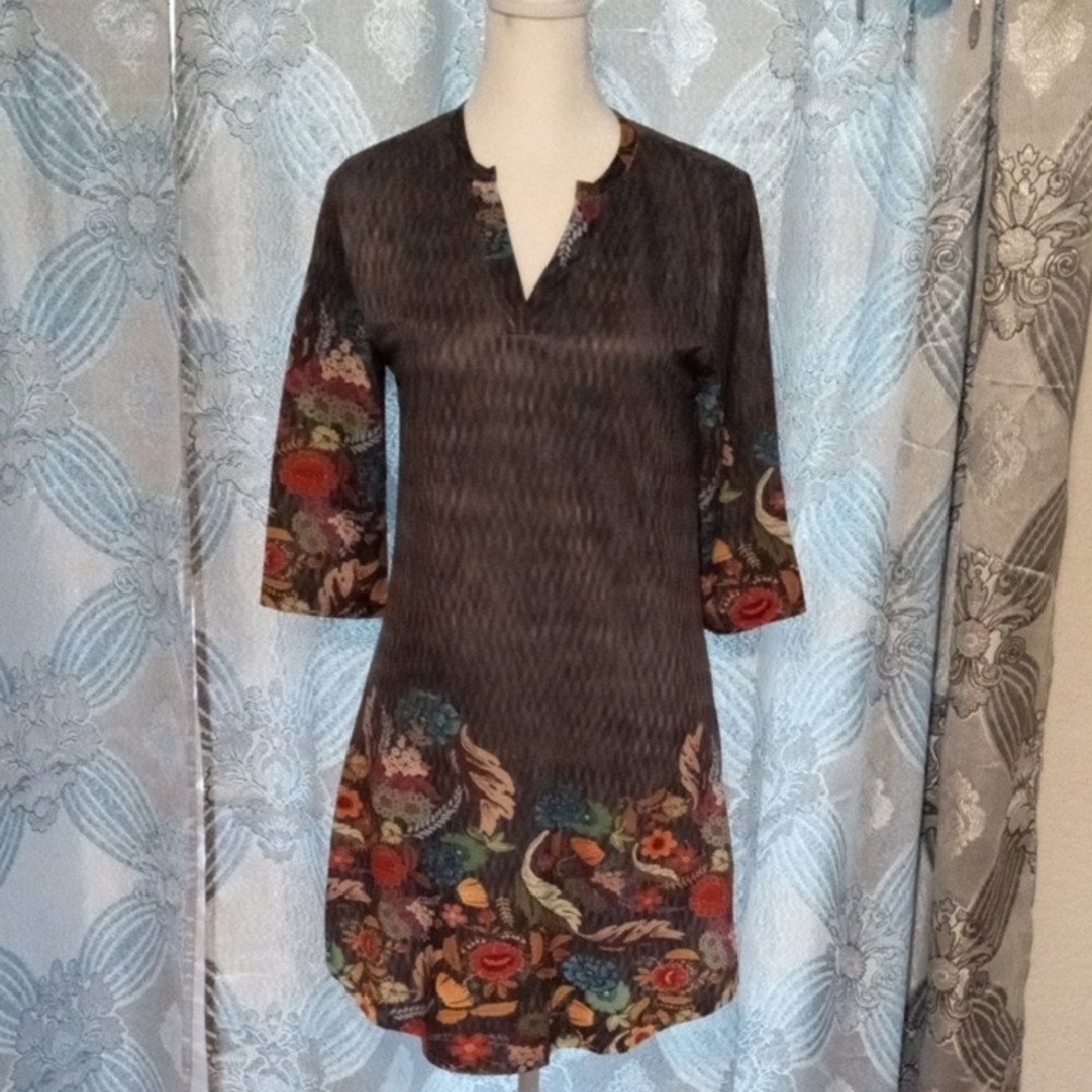 Gray Mixed Floral Mini Dress with Cuffed Sleeves